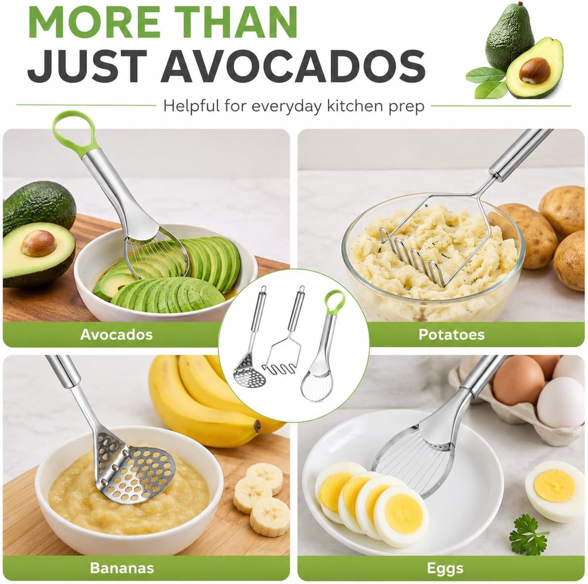 3 in 1 Avocado Slicer Tool, Avocado Cutter Pitter Peeler and Scooper, Stainless Steel Avocado Pit Remover with 2pcs Potato Masher, Dishwasher Safe Fruit Slicer for Guacamole, Avocado Toast, Salad