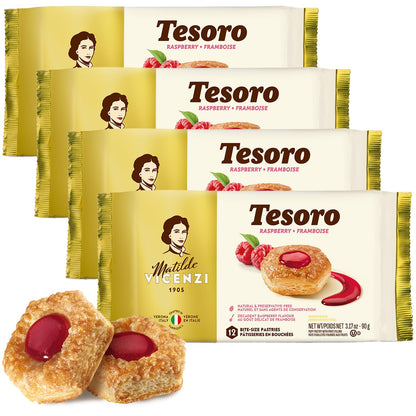 Tesoro Raspberry Filling , Raspberry Cream Filled Puff Pastry Patisserie, Kosher Dairy, Made in Italy, 3.17oz (90g), 4-Pack