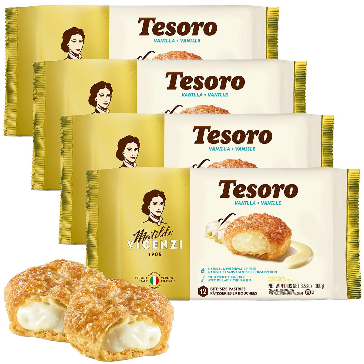 Tesoro Raspberry Filling , Raspberry Cream Filled Puff Pastry Patisserie, Kosher Dairy, Made in Italy, 3.17oz (90g), 4-Pack