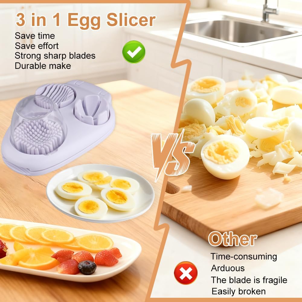 3 in 1 Egg Slicer For Hard Boiled Eggs, 3 Slice Modes Egg Slicer with Stainless Steel Wire Egg Cutter Heavy Duty for Hard Boiled Eggs, Strawberry, Grape, Kitchen Dicer Tool