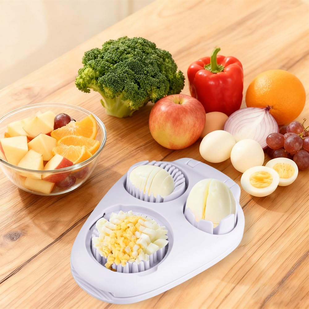 3 in 1 Egg Slicer For Hard Boiled Eggs, 3 Slice Modes Egg Slicer with Stainless Steel Wire Egg Cutter Heavy Duty for Hard Boiled Eggs, Strawberry, Grape, Kitchen Dicer Tool
