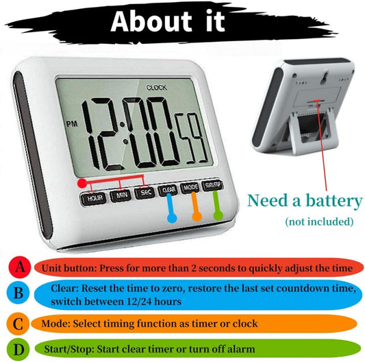 Magnetic Digital Clock for Kitchen - Timer with Alarm, 12/24 Hours, Big Screen, Loud Alarm & Strong Magnet - Count-Up & Count Down for Baking, Sports, Office, Study - Black