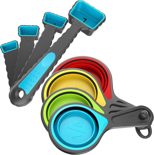 Tools Spoons and Collapsible Measuring Cups Set 8 Pieces, Multiple Sizes, Multicolor