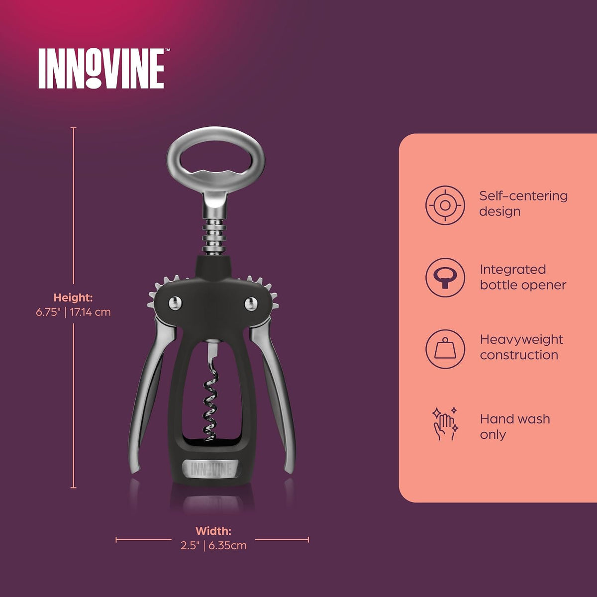 Winged Corkscrew – Self-Centering Wine Bottle Opener with Ergonomic Wing Levers, Satin Silver and Black Finish, Integrated Bottle Opener, and Durable Construction – Set of 1