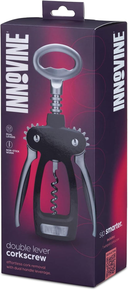 Winged Corkscrew – Self-Centering Wine Bottle Opener with Ergonomic Wing Levers, Satin Silver and Black Finish, Integrated Bottle Opener, and Durable Construction – Set of 1