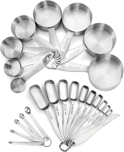 Measuring Cups and Spoons Set of in 18/8 Stainless Steel, Heavy Duty 8 Measuring Cups, 10 Measuring Spoons, 1 Leveler & 5 Mini Measuring Spoons Ideal for Dry and Liquid Ingredients