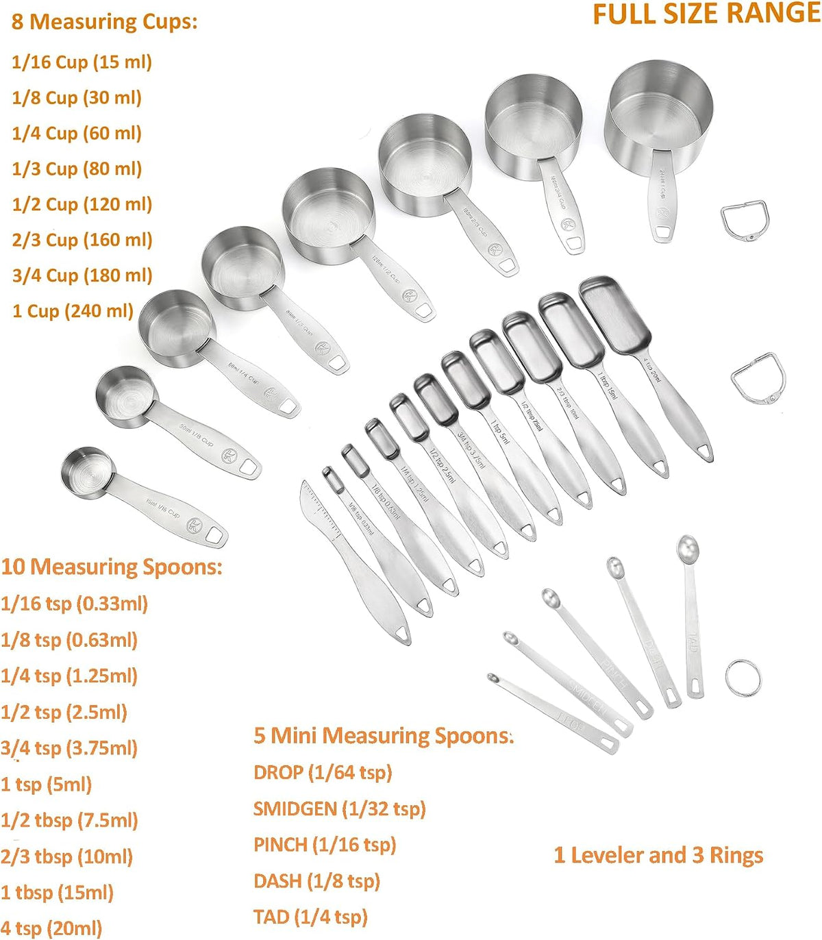 Measuring Cups and Spoons Set of in 18/8 Stainless Steel, Heavy Duty 8 Measuring Cups, 10 Measuring Spoons, 1 Leveler & 5 Mini Measuring Spoons Ideal for Dry and Liquid Ingredients