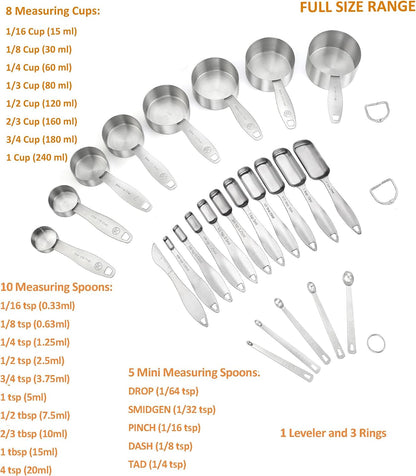 Measuring Cups and Spoons Set of in 18/8 Stainless Steel, Heavy Duty 8 Measuring Cups, 10 Measuring Spoons, 1 Leveler & 5 Mini Measuring Spoons Ideal for Dry and Liquid Ingredients