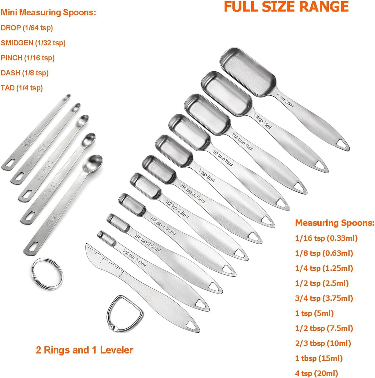 Measuring Cups and Spoons Set of in 18/8 Stainless Steel, Heavy Duty 8 Measuring Cups, 10 Measuring Spoons, 1 Leveler & 5 Mini Measuring Spoons Ideal for Dry and Liquid Ingredients