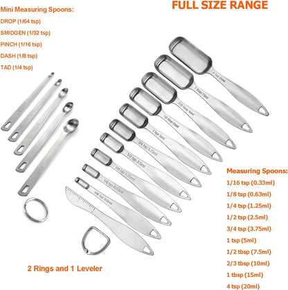 Measuring Cups and Spoons Set of in 18/8 Stainless Steel, Heavy Duty 8 Measuring Cups, 10 Measuring Spoons, 1 Leveler & 5 Mini Measuring Spoons Ideal for Dry and Liquid Ingredients