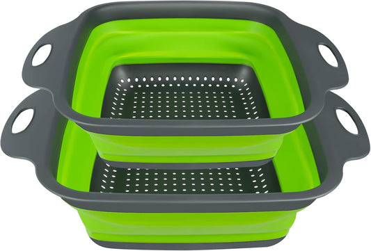 2 PCS Collapsible Colander Set, Square Silicone Folding Colander with Plastic Handles, Eco-Friendly Large Hole Kitchen Strainer for Draining Pasta Vegetables Fruits-1 Large and 1 Small