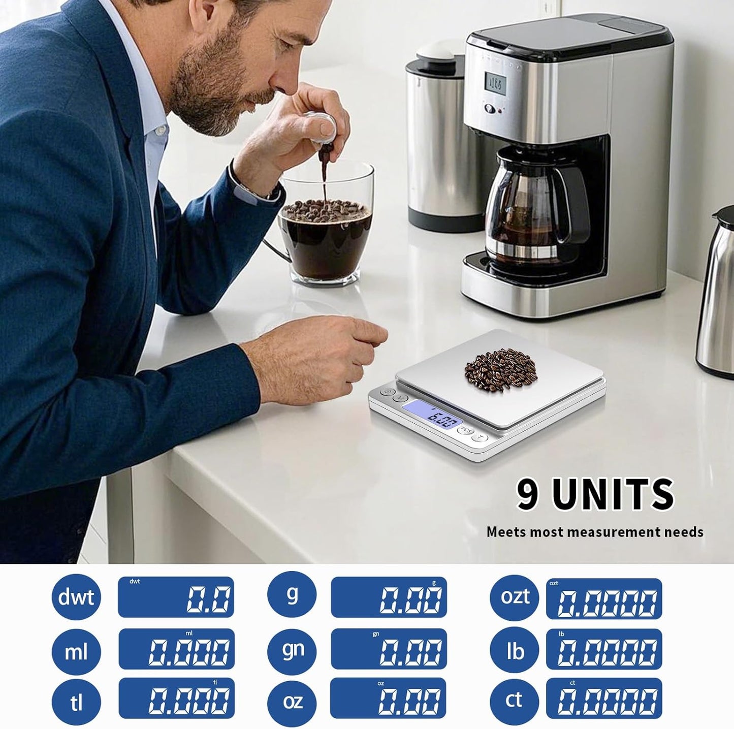 Gram Scale Small Digital Food Scale, 500g by 0.01Gram/0.001Ounce, Accurate Weighting, Multifunction Kitchen Scale for Jewelry/Baking/Soap, 9 Units, Tare Function, LCD Display, Including Battery