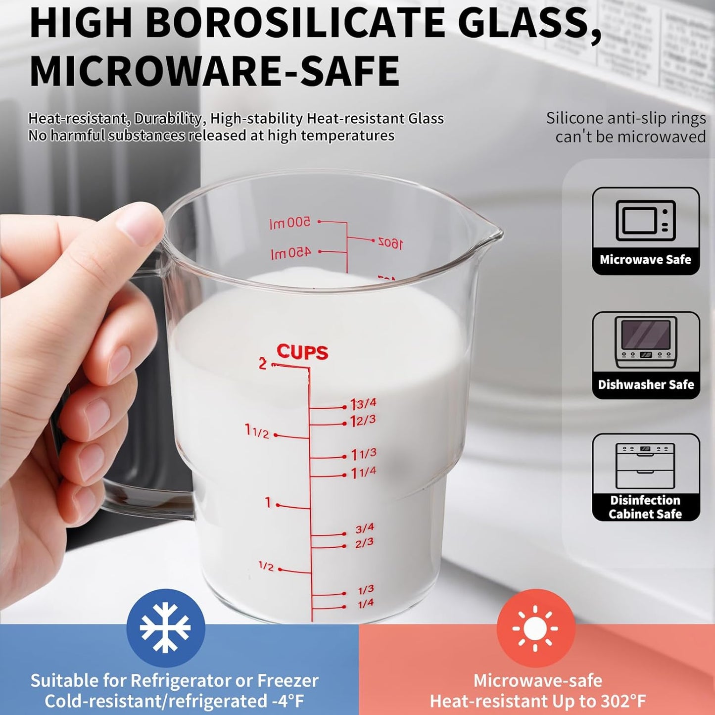 2-Cup Glass Measuring Cup For Baking and Cooking, (Upgraded, 3 Marking Including Cup/ML/Ounce Scale) Dishwasher, Freezer, Microwave, and Preheated Oven Safe, Essential Kitchen Tools