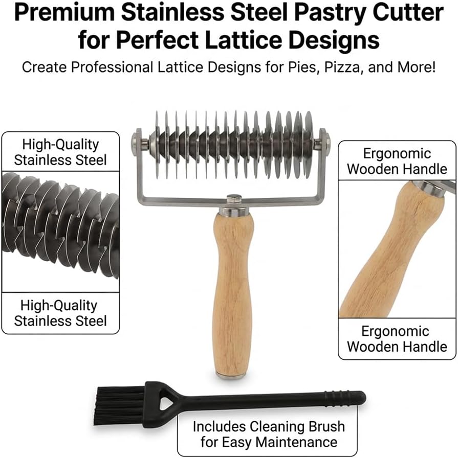 Pastry Lattice Roller Cutter with 1 Small Brush, Stainless Steel Lattice Pastry Cutter with Wooden Handle for Beef Wellington Pie Bread Cookie Pizza(COLOR:Silver)