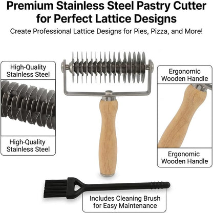 Pastry Lattice Roller Cutter with 1 Small Brush, Stainless Steel Lattice Pastry Cutter with Wooden Handle for Beef Wellington Pie Bread Cookie Pizza(COLOR:Silver)