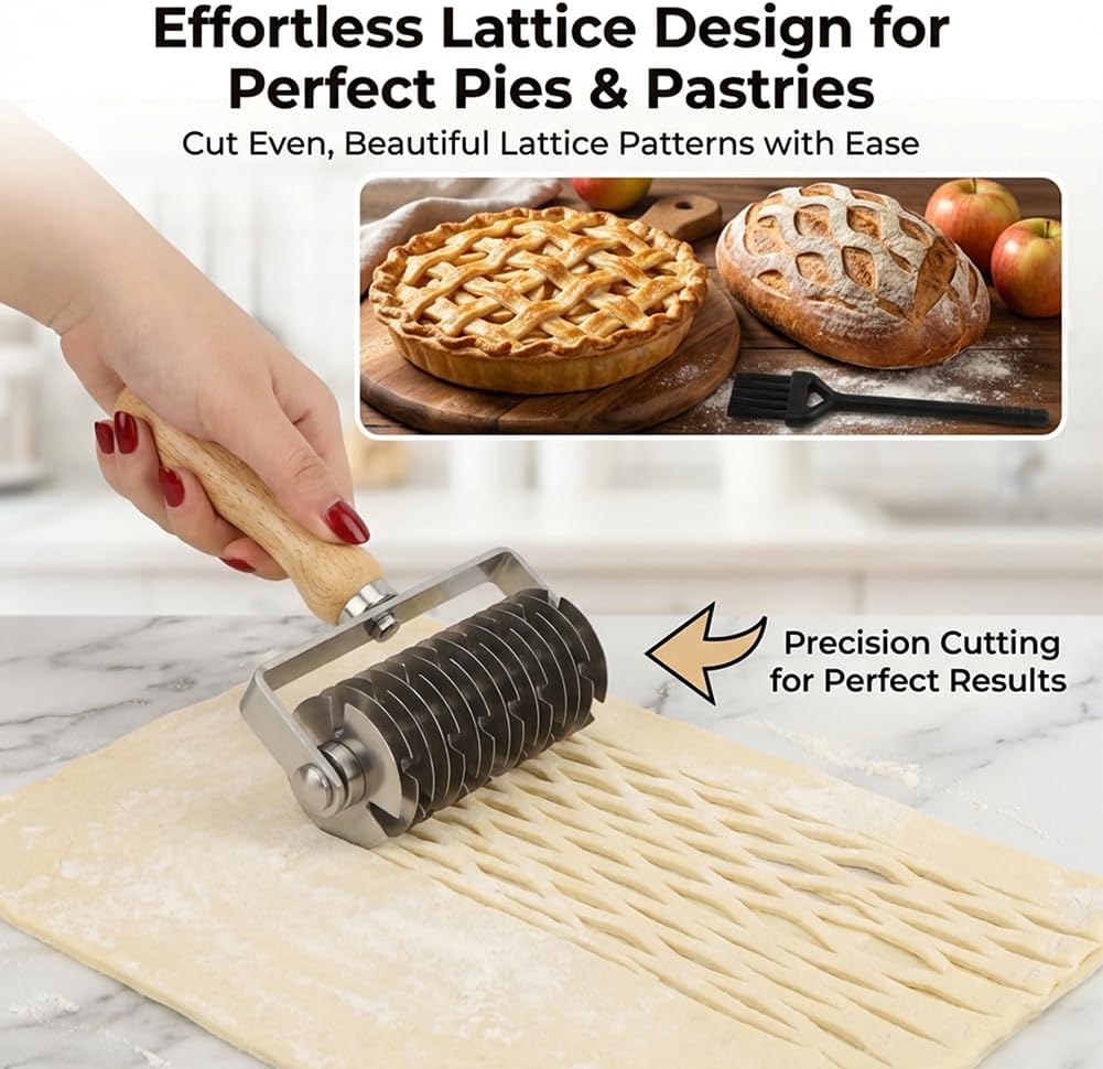 Pastry Lattice Roller Cutter with 1 Small Brush, Stainless Steel Lattice Pastry Cutter with Wooden Handle for Beef Wellington Pie Bread Cookie Pizza(COLOR:Silver)