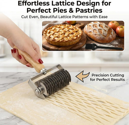 Pastry Lattice Roller Cutter with 1 Small Brush, Stainless Steel Lattice Pastry Cutter with Wooden Handle for Beef Wellington Pie Bread Cookie Pizza(COLOR:Silver)