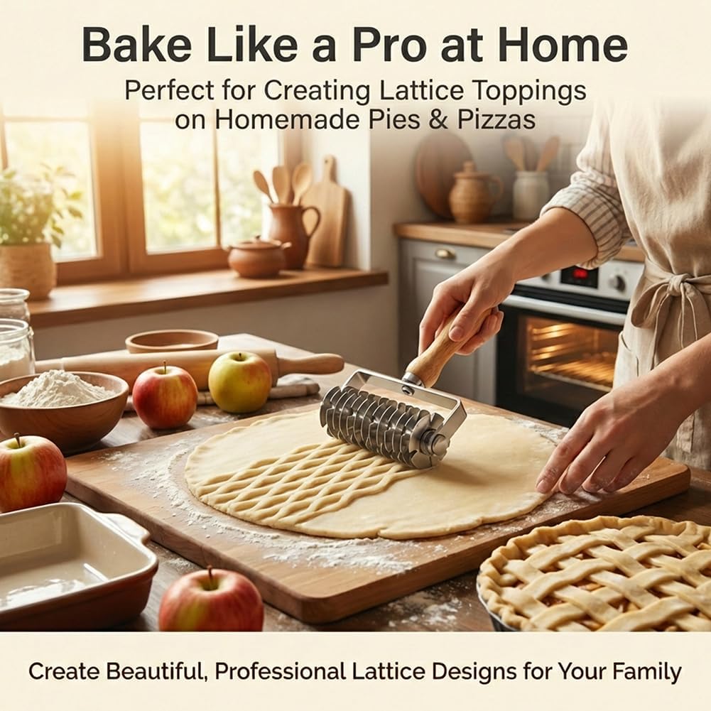 Pastry Lattice Roller Cutter with 1 Small Brush, Stainless Steel Lattice Pastry Cutter with Wooden Handle for Beef Wellington Pie Bread Cookie Pizza(COLOR:Silver)