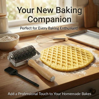 Pastry Lattice Roller Cutter with 1 Small Brush, Stainless Steel Lattice Pastry Cutter with Wooden Handle for Beef Wellington Pie Bread Cookie Pizza(COLOR:Silver)