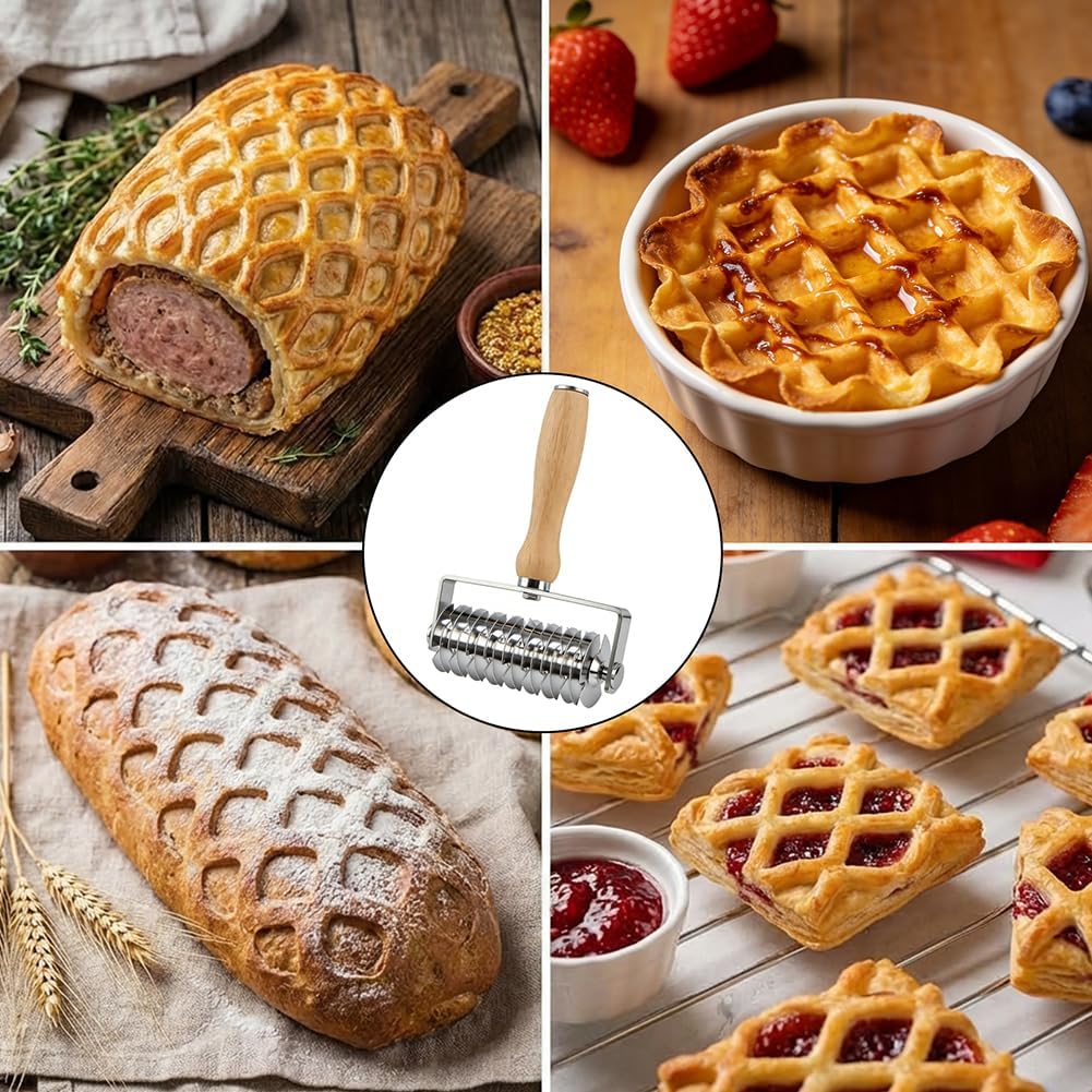 Pastry Lattice Roller Cutter with 1 Small Brush, Stainless Steel Lattice Pastry Cutter with Wooden Handle for Beef Wellington Pie Bread Cookie Pizza(COLOR:Silver)