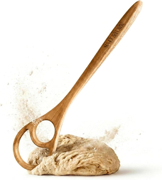 Danish Dough Whisk, Acacia Wood Sourdough Bread Mixing Tool for Pizza Dough, Biscuits & Cake Batter, Kitchenware with Unique Wood Grain Hook, Ideal for Wedding & Housewarming Gift, 14.5 in