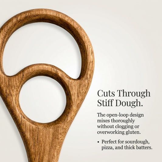 Danish Dough Whisk, Acacia Wood Sourdough Bread Mixing Tool for Pizza Dough, Biscuits & Cake Batter, Kitchenware with Unique Wood Grain Hook, Ideal for Wedding & Housewarming Gift, 14.5 in