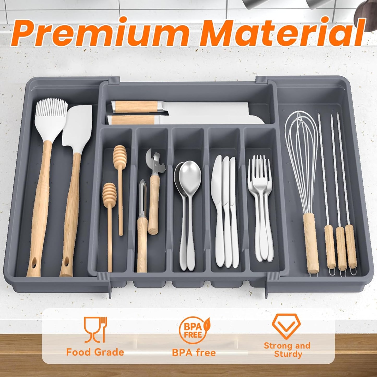 Large Silverware Organizer,Expandable Utensil Drawer Organizer,BPA Free Utensil Holder,Adjustable Silverware Tray Cutlery Drawer Organizer for Kitchen Flatware,Large,Black (6-8 Slots)
