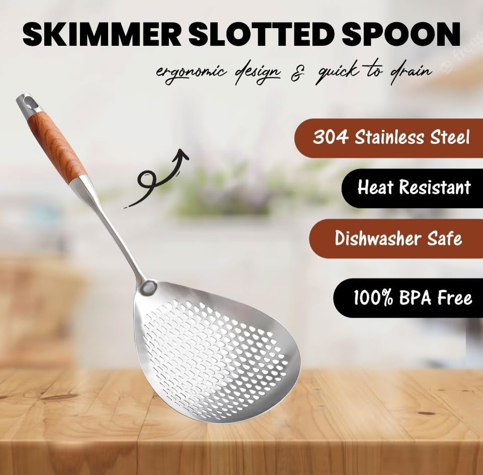 Skimmer Slotted Spoon 304 Stainless Steel With Wooden Handle 16.8 inch Skimmer Spider Food Strainer Ladle Kitchen Deep Frying Scoop
