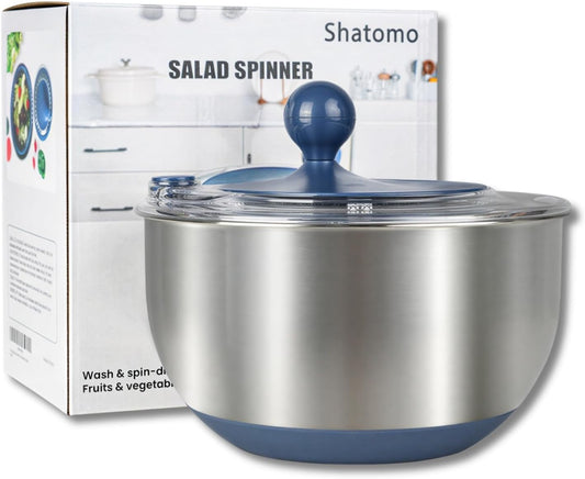 Stainless Steel Salad Spinner, 5.3 Qt Lettuce Spinner with Non-Slip Base, Drain and Stop Button, Fruit and Vegetable Washer and Dryer Spinner, Blue