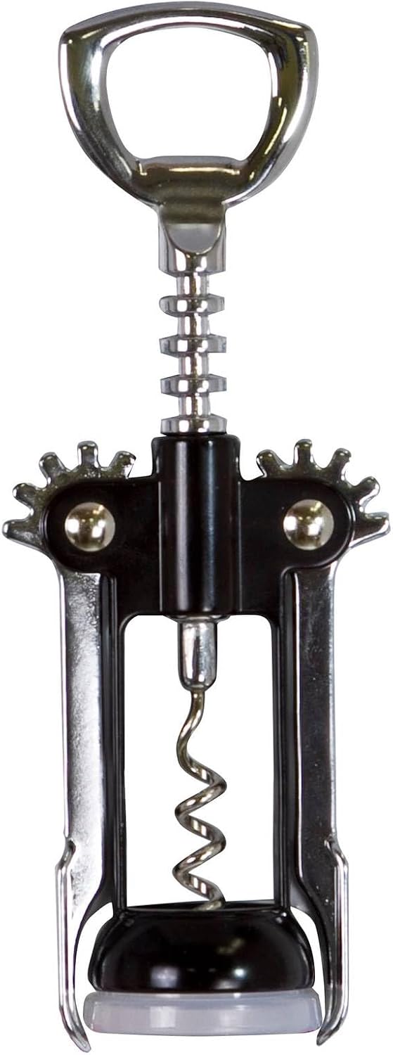 Winged Corkscrew for Wine Bottles, Easy Manual Cork Remover, Multi-Purpose Opener for Beer and Soft Drinks, Ergonomic Handle, Stainless Steel, Dishwasher Safe, Black