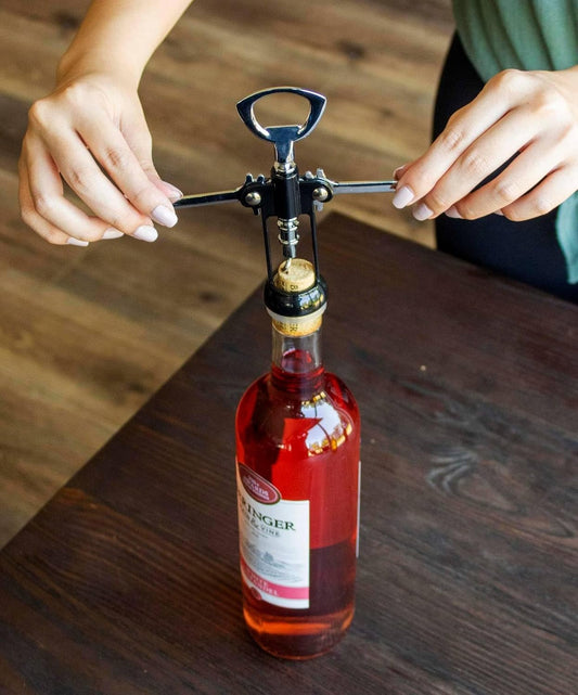 Winged Corkscrew for Wine Bottles, Easy Manual Cork Remover, Multi-Purpose Opener for Beer and Soft Drinks, Ergonomic Handle, Stainless Steel, Dishwasher Safe, Black