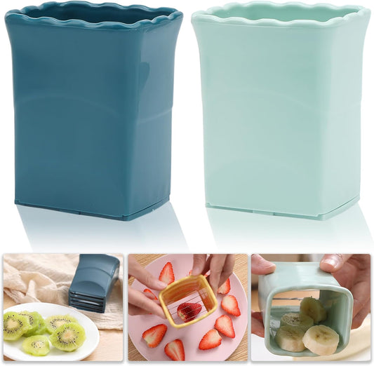 2-Piece Fruit Slicer Set, Stainless Steel, Mini Cup Slicer, Quick Salad Maker, Creative Kitchen Gadget (Navy Blue + Cyan)