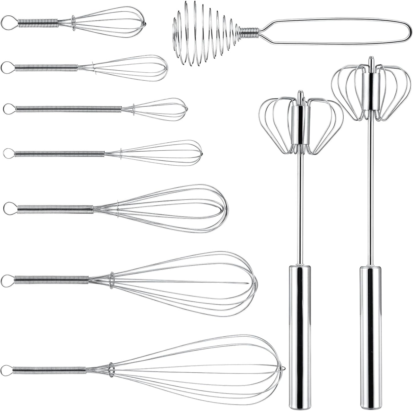 10 Pcs Stainless Steel Whisks Set Egg Beater Semi Auto Whisk Blender Hand Push Beater Versatile Utensil for Kitchen Mixing Blending Beating Stirring Cooking 3 5 6 7 8 10 12 Inch