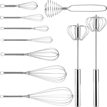 10 Pcs Stainless Steel Whisks Set Egg Beater Semi Auto Whisk Blender Hand Push Beater Versatile Utensil for Kitchen Mixing Blending Beating Stirring Cooking 3 5 6 7 8 10 12 Inch