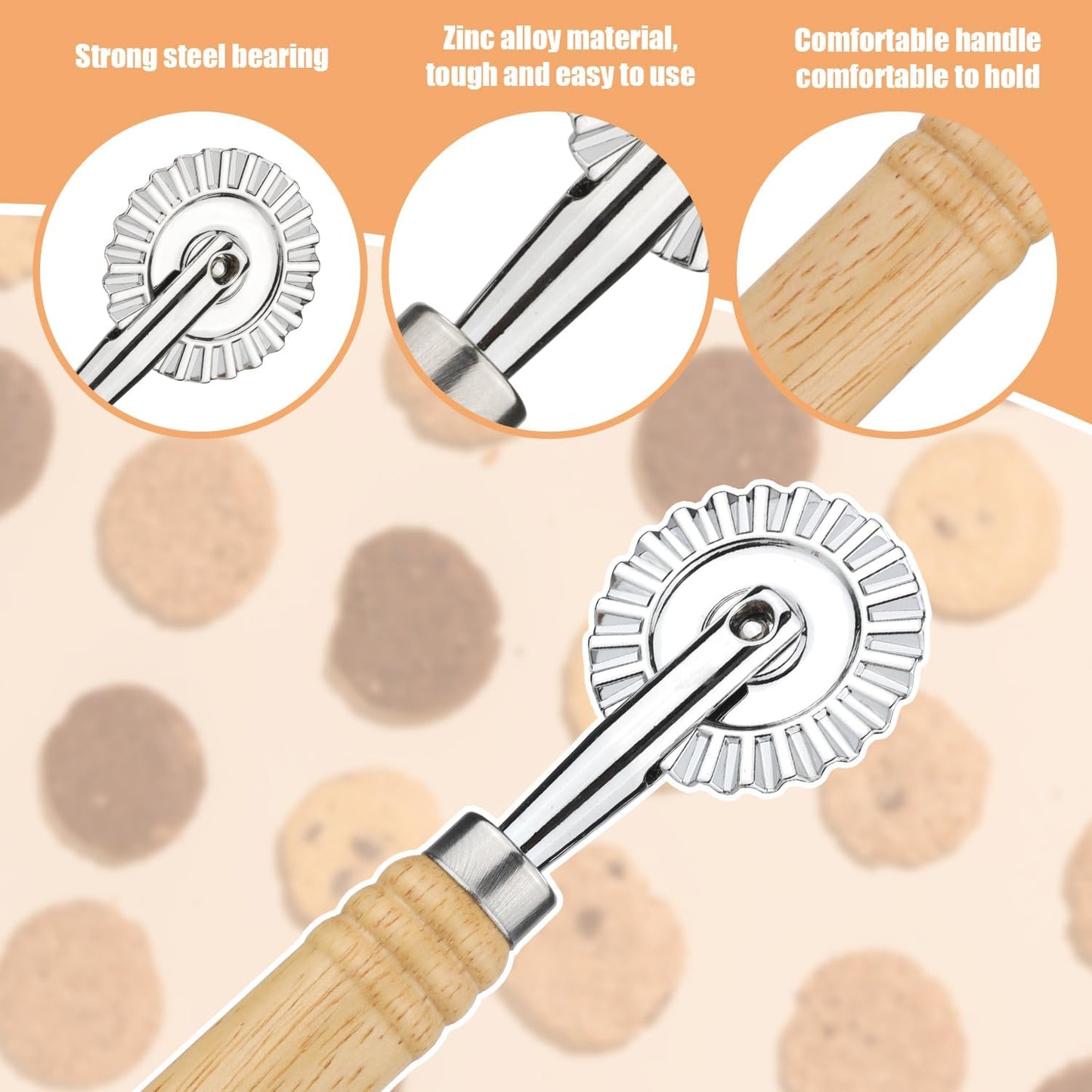 Pastry Cutter Wheel, Pasta Cutter Wheel with Wooden Handle and Fluted Ravioli Crimper Cutter Pizza Dumpling Lace Making Noodle Dough Cutter Roller Pastry Cutter Tool for Home and Kitchen