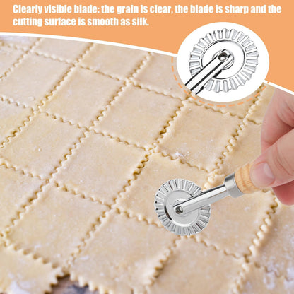 Pastry Cutter Wheel, Pasta Cutter Wheel with Wooden Handle and Fluted Ravioli Crimper Cutter Pizza Dumpling Lace Making Noodle Dough Cutter Roller Pastry Cutter Tool for Home and Kitchen