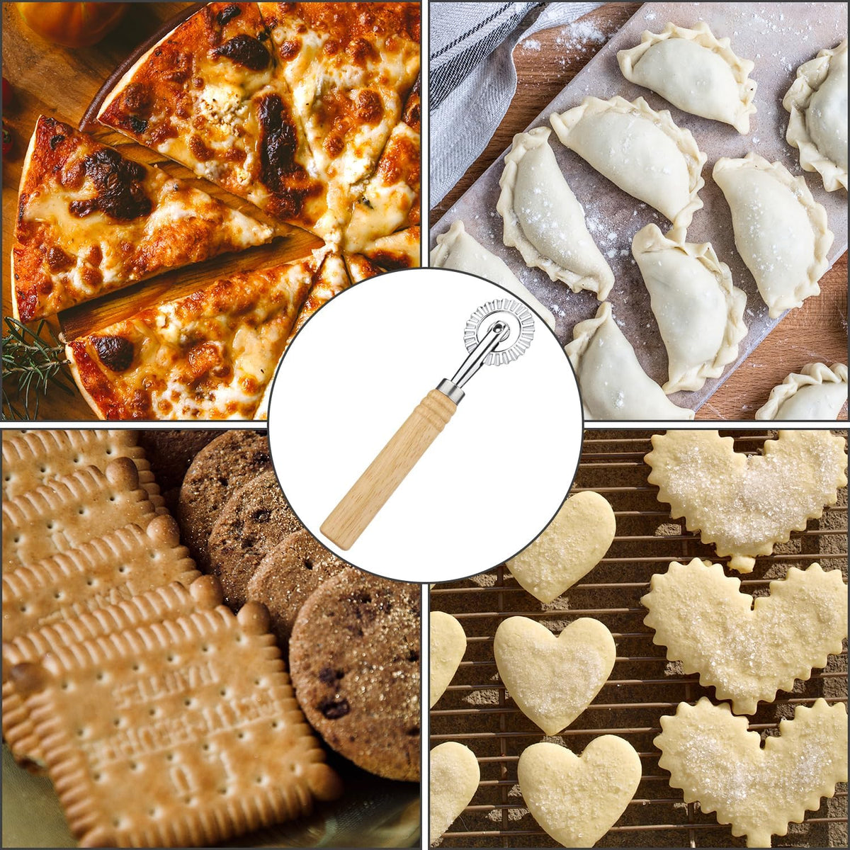 Pastry Cutter Wheel, Pasta Cutter Wheel with Wooden Handle and Fluted Ravioli Crimper Cutter Pizza Dumpling Lace Making Noodle Dough Cutter Roller Pastry Cutter Tool for Home and Kitchen