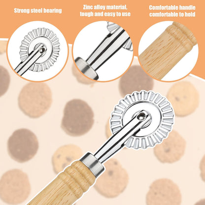 Pastry Cutter Wheel, Pasta Cutter Wheel with Wooden Handle and Fluted Ravioli Crimper Cutter Pizza Dumpling Lace Making Noodle Dough Cutter Roller Pastry Cutter Tool for Home and Kitchen