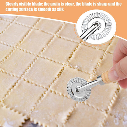Pastry Cutter Wheel, Pasta Cutter Wheel with Wooden Handle and Fluted Ravioli Crimper Cutter Pizza Dumpling Lace Making Noodle Dough Cutter Roller Pastry Cutter Tool for Home and Kitchen
