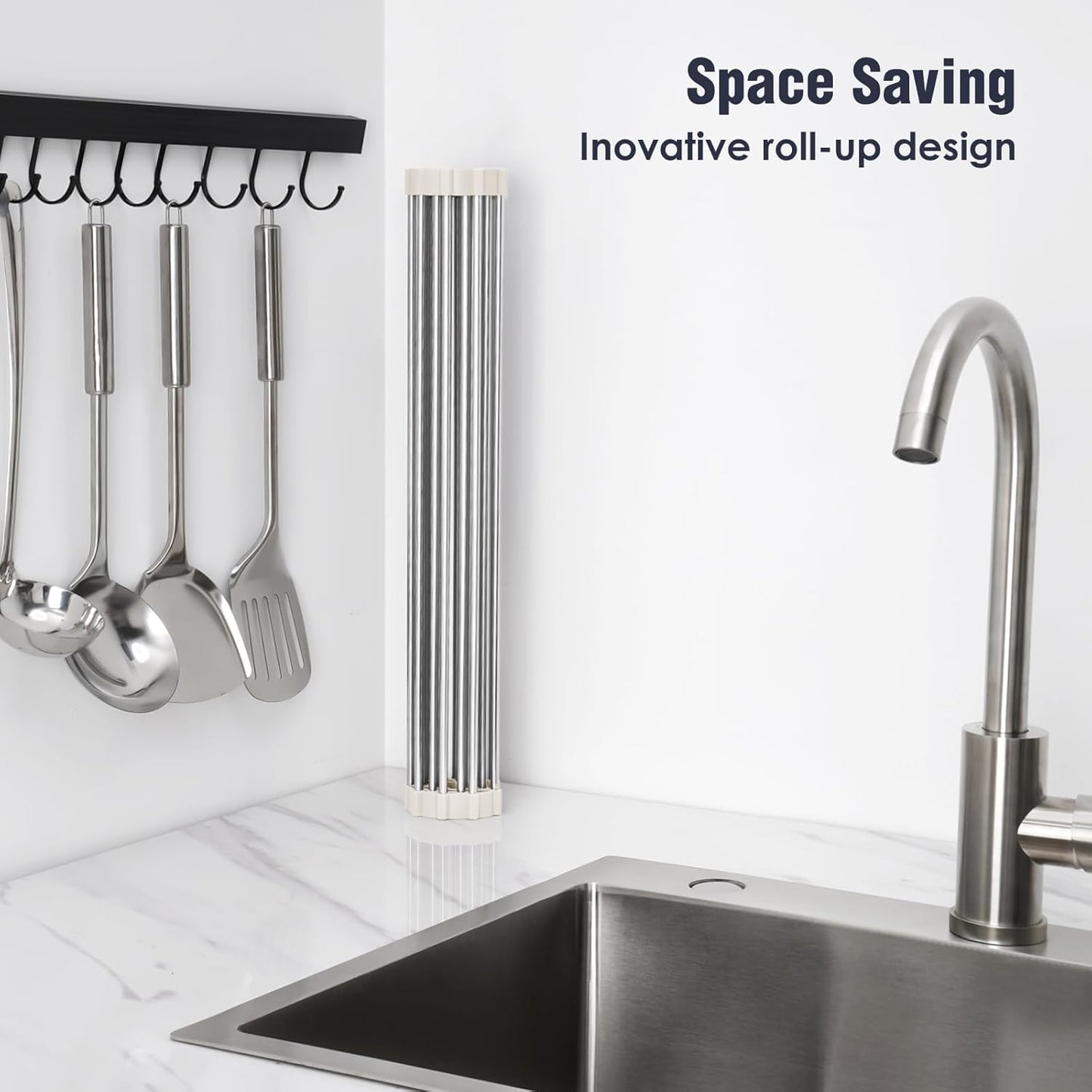 Roll Up Dish Drying Rack Over Sink, 304 Steel, 17.7x15.5, White | Anti-Slip Silicone Rims For Grip, Heat-Resistant Trivet Mat Holding Heavy Cookware, Rustproof Kitchen Counter Space Saver