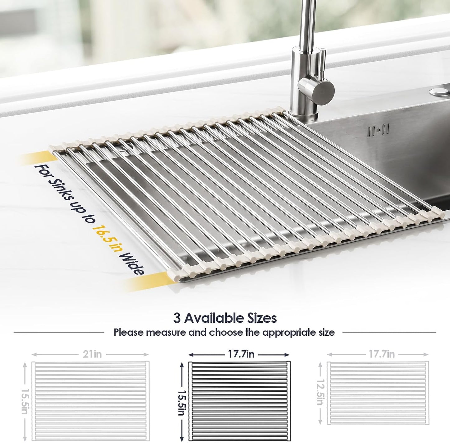 Roll Up Dish Drying Rack Over Sink, 304 Steel, 17.7x15.5, White | Anti-Slip Silicone Rims For Grip, Heat-Resistant Trivet Mat Holding Heavy Cookware, Rustproof Kitchen Counter Space Saver