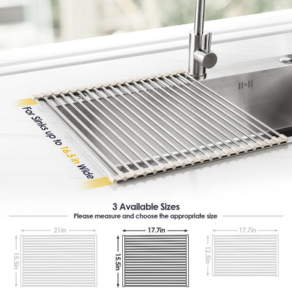 Roll Up Dish Drying Rack Over Sink, 304 Steel, 17.7x15.5, White | Anti-Slip Silicone Rims For Grip, Heat-Resistant Trivet Mat Holding Heavy Cookware, Rustproof Kitchen Counter Space Saver