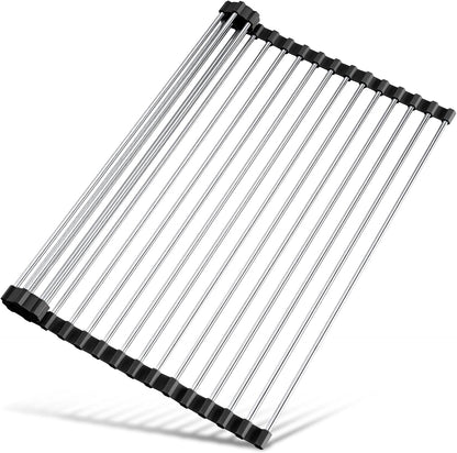 Roll Up Dish Drying Rack Over Sink, 304 Steel, 17.7x15.5, White | Anti-Slip Silicone Rims For Grip, Heat-Resistant Trivet Mat Holding Heavy Cookware, Rustproof Kitchen Counter Space Saver