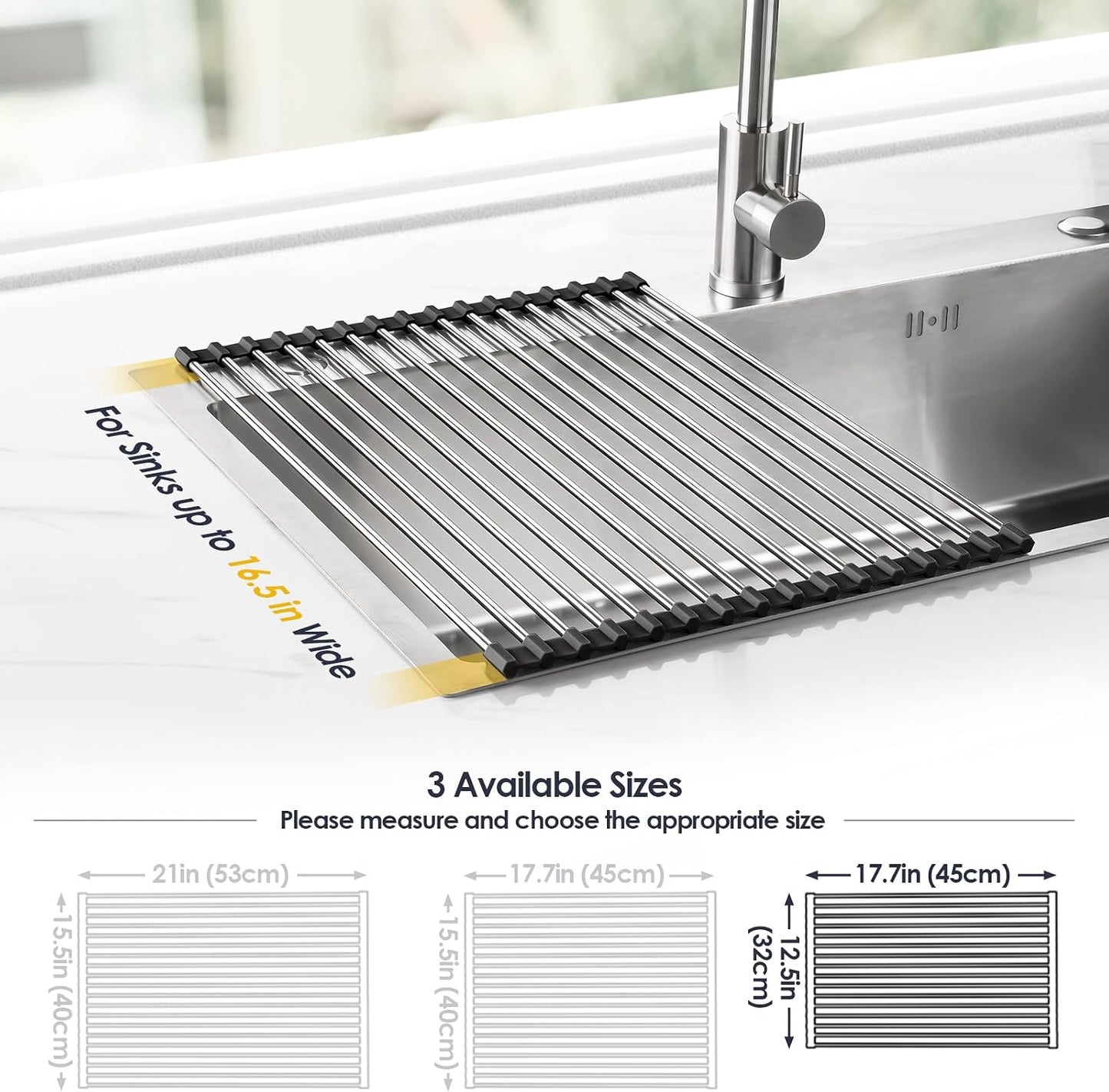 Roll Up Dish Drying Rack Over Sink, 304 Steel, 17.7x15.5, White | Anti-Slip Silicone Rims For Grip, Heat-Resistant Trivet Mat Holding Heavy Cookware, Rustproof Kitchen Counter Space Saver
