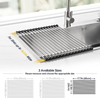 Roll Up Dish Drying Rack Over Sink, 304 Steel, 17.7x15.5, White | Anti-Slip Silicone Rims For Grip, Heat-Resistant Trivet Mat Holding Heavy Cookware, Rustproof Kitchen Counter Space Saver