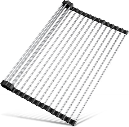 Roll Up Dish Drying Rack Over Sink, 304 Steel, 17.7x15.5, White | Anti-Slip Silicone Rims For Grip, Heat-Resistant Trivet Mat Holding Heavy Cookware, Rustproof Kitchen Counter Space Saver