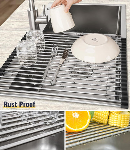 Roll Up Dish Drying Rack Over Sink, 304 Steel, 17.7x15.5, White | Anti-Slip Silicone Rims For Grip, Heat-Resistant Trivet Mat Holding Heavy Cookware, Rustproof Kitchen Counter Space Saver