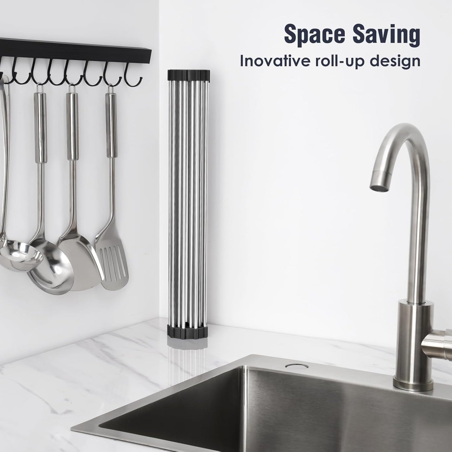 Roll Up Dish Drying Rack Over Sink, 304 Steel, 17.7x15.5, White | Anti-Slip Silicone Rims For Grip, Heat-Resistant Trivet Mat Holding Heavy Cookware, Rustproof Kitchen Counter Space Saver