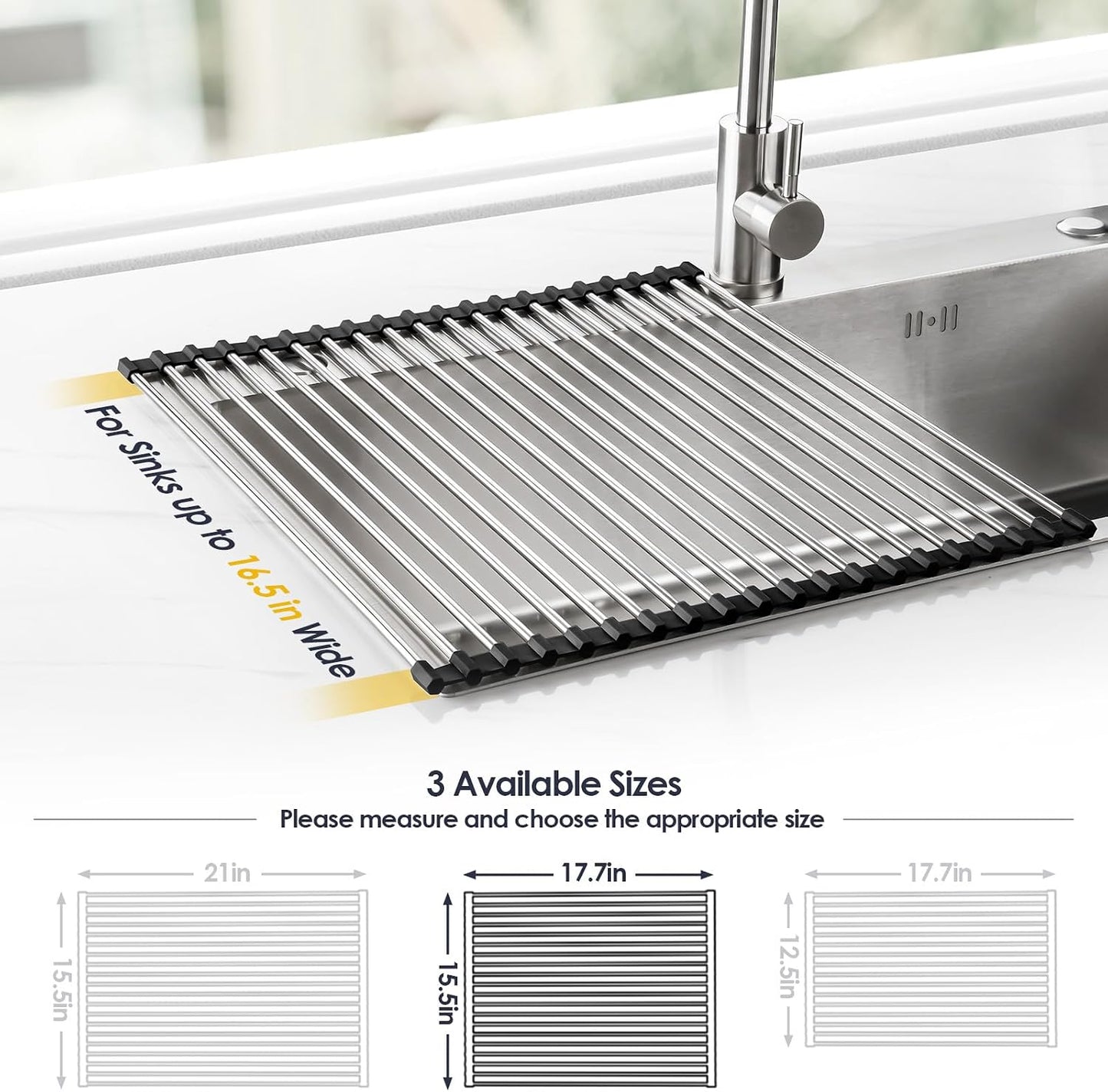Roll Up Dish Drying Rack Over Sink, 304 Steel, 17.7x15.5, White | Anti-Slip Silicone Rims For Grip, Heat-Resistant Trivet Mat Holding Heavy Cookware, Rustproof Kitchen Counter Space Saver
