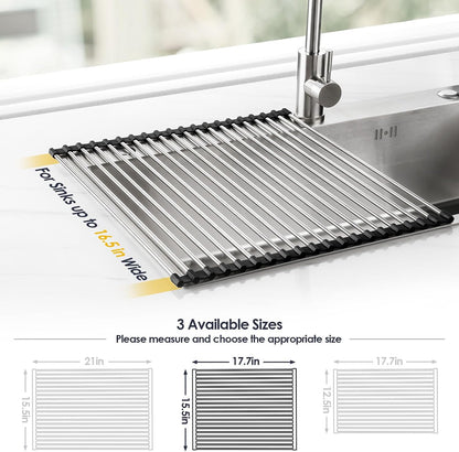 Roll Up Dish Drying Rack Over Sink, 304 Steel, 17.7x15.5, White | Anti-Slip Silicone Rims For Grip, Heat-Resistant Trivet Mat Holding Heavy Cookware, Rustproof Kitchen Counter Space Saver
